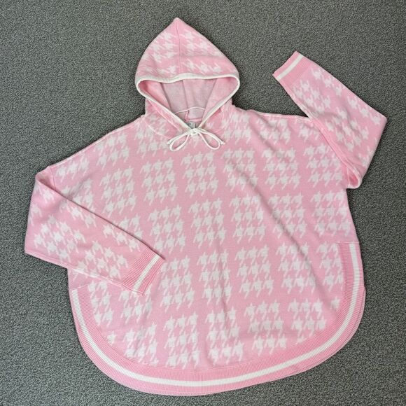 Crown & Ivy Houndstooth Hooded Long Sleeve Poncho Sweater Pink White Large - Picture 12 of 12